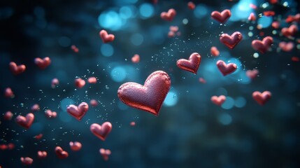 Floating red hearts in a dreamy, blue bokeh background, symbolizing love and affection.