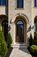 Fototapeta premium Elegant Home Entrance: Luxury Real Estate, Classic Architecture, Stone Facade, and Landscaped Pathway