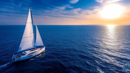 Obraz premium Idyllic Sailboat Navigating Serene Ocean Waters at Sunset for Relaxation and Adventure : Generative AI
