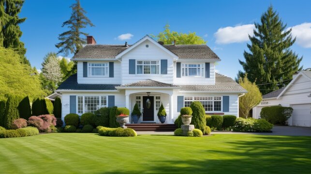 A charming modern white house with large windows nestled in lush greenery exudes elegance and a welcoming ambiance.