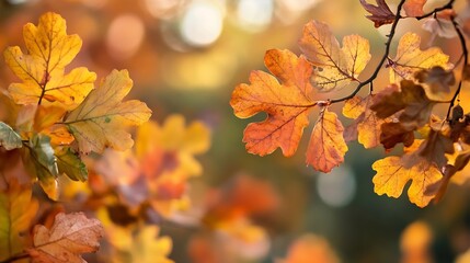 Fototapeta premium Illuminated Autumn Oak Leaves Against a Bokeh Background of Fall : Generative AI