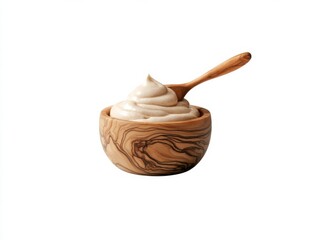A wooden bowl and spoon filled with creamy sour cream on a white background.