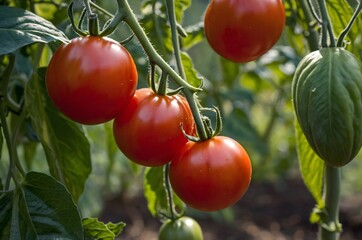 Fresh red ripe tomatoes hanging on the vine plant growing in organic garden