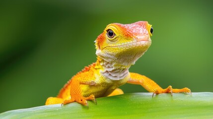 Fototapeta premium A vibrant, yellow-orange lizard perches on a green leaf, showcasing its colorful skin and inquisitive expression against a blurred natural background.