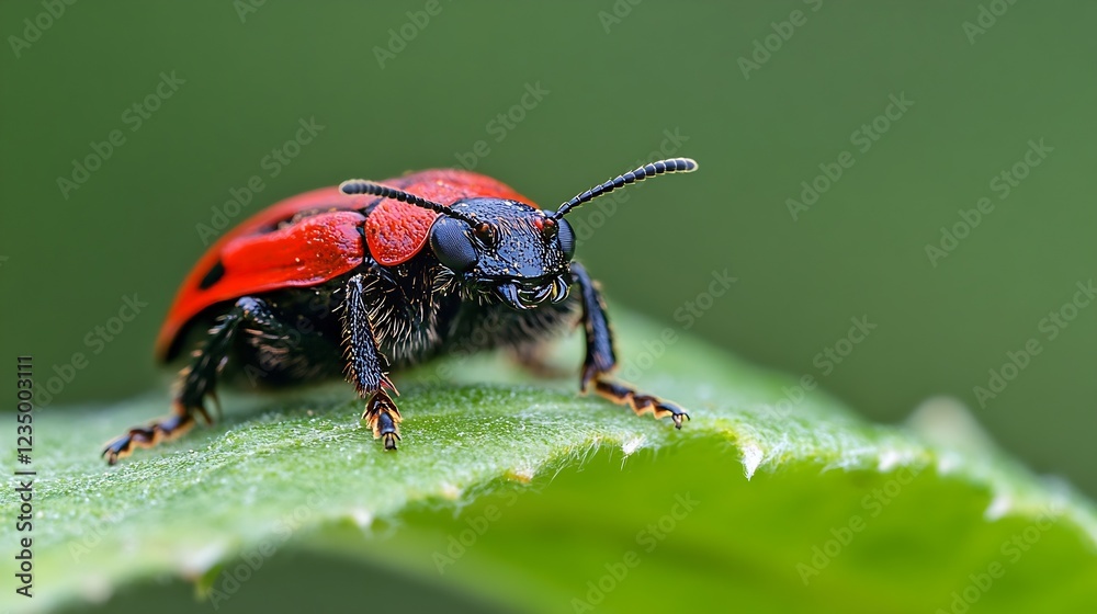 Poster vibrant red beetle on leaf showing incredible detail in macro photography : generative ai