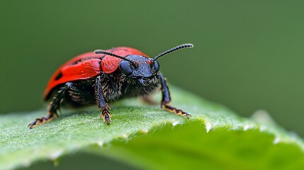 Naklejka premium Vibrant Red Beetle on Leaf Showing Incredible Detail in Macro Photography : Generative AI