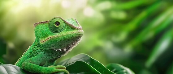 A vibrant green lizard rests on lush leaves, showcasing its detailed skin textures against a blurred natural background.