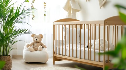 Bright and inviting baby nursery with green plants and soft plush toys : Generative AI