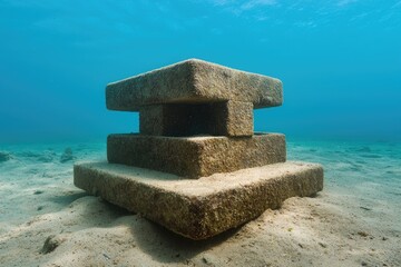 An underwater structure resembling ancient stone blocks rests on the ocean floor, surrounded by clear water and sandy seabed.