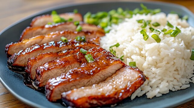 Serving of Chinese char siu glazed barbecue pork sliced thin served with steamed rice