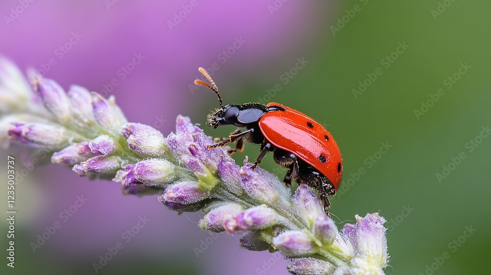 Poster red ladybug on purple flower closeup with green blurred background in natural setting : generative a