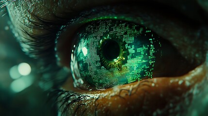 Cybernetic eye with green binary code and futuristic iris scan