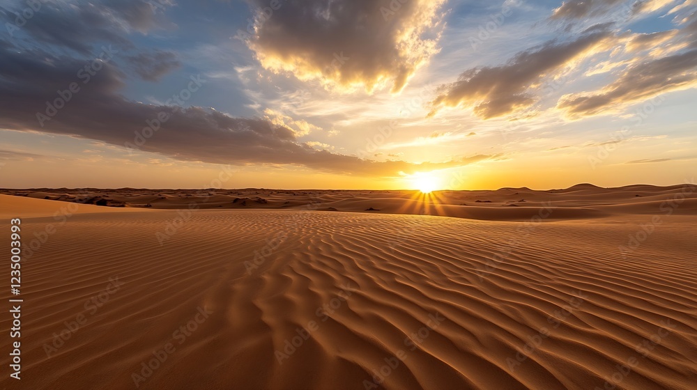 Poster stunning desert landscape with golden sand dunes and dynamic sunset sky creating an ethereal atmosph
