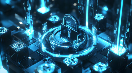 A futuristic cyber lock surrounded by interlocking holographic rings and encryption symbols in a tech-blue theme
