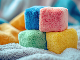 Soft plush toy cubes stacked on cozy blanket in natural light