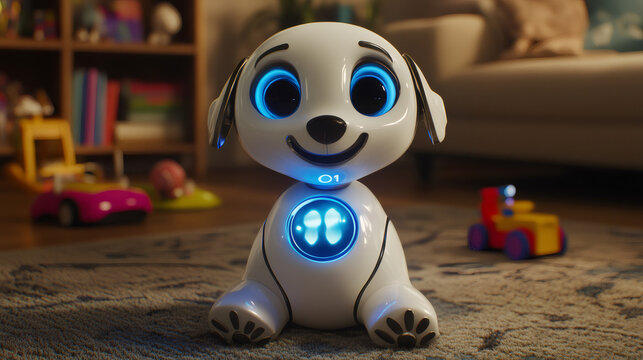 Cute robot dog sitting on carpet in children's room