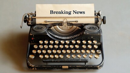 Vintage typewriter with blank paper displaying bold breaking news in a cozy, nostalgic writing space. Generative AI