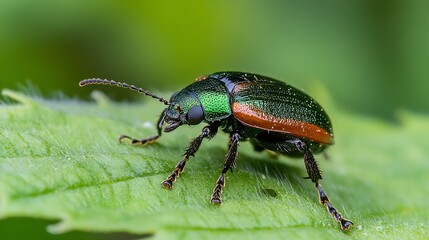Naklejka premium Detailed Macro Shot of Shiny Green and Orange Beetle with Texture on Leaf Surface : Generative AI