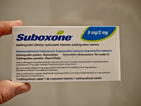 Prague,Czech Republic-January 8 2025: SUBOXONE strips used for opioid dependence treatment combining buprenorphine and naloxone

