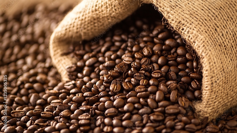 Poster bulk coffee beans spilling from burlap bag on rustic wooden surface for organic brew enthusiasts : g