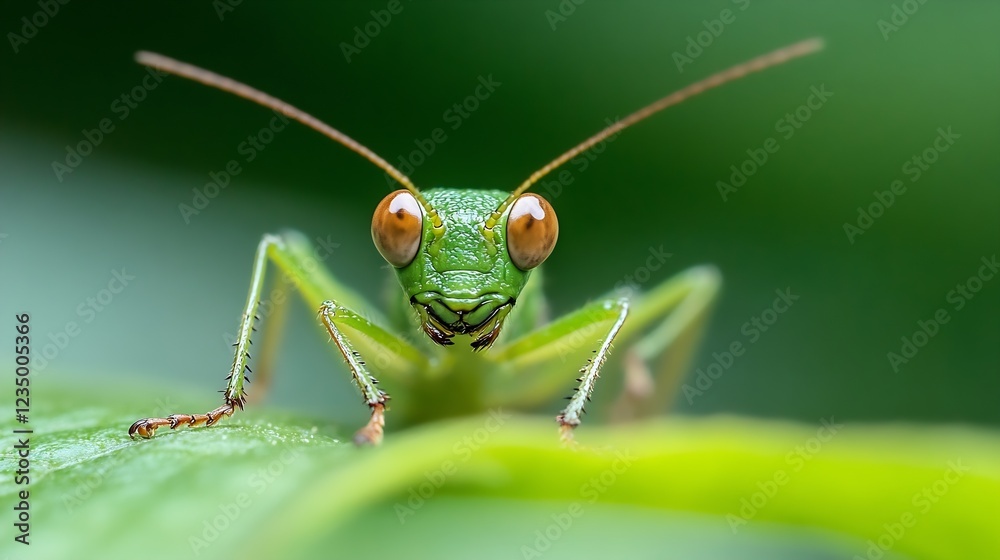 Poster Closeup of a Vibrant Green Grasshopper on Leaf with Macro Detailing in Natural Habitat : Generative AI