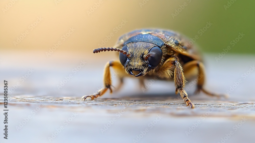Poster Macro Portrait of Beetle on Wooden Surface Capturing Intricate Details and Natural Patterns : Generative AI