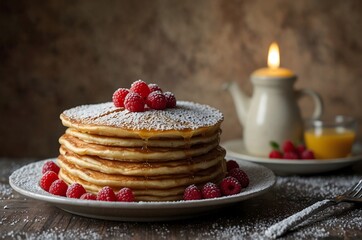 Stack of crepes (french pancakes) with sugar on a plate; Chandeleur or Candlemas holiday background with copy-space