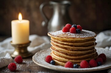Stack of crepes (french pancakes) with sugar on a plate; Chandeleur or Candlemas holiday background with copy-space