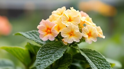 Obraz premium Yellow and Peach Lantana Blooms with Lush Green Leaves for a Vibrant Garden Scene : Generative AI