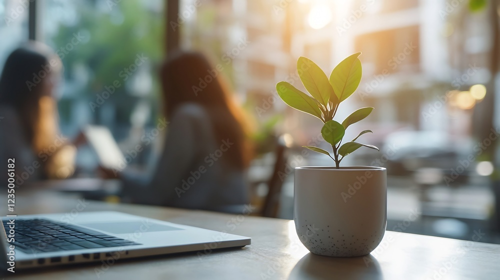 Aufkleber Modern Workspace with Focus on Greenery and Natural Light : Generative AI