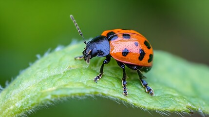 Naklejka premium Bright Red and Black Lady Beetle on Leaf Captured in Detailed Macro Photography : Generative AI