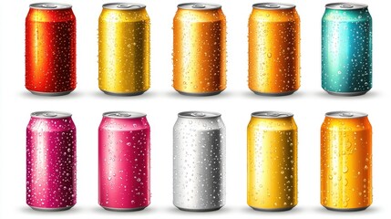 Realistic metal cans. Aluminum soda and lemonade cans with water drops, energy drink blank mockup. Vector isolated set canned beverages with water condensation on white background