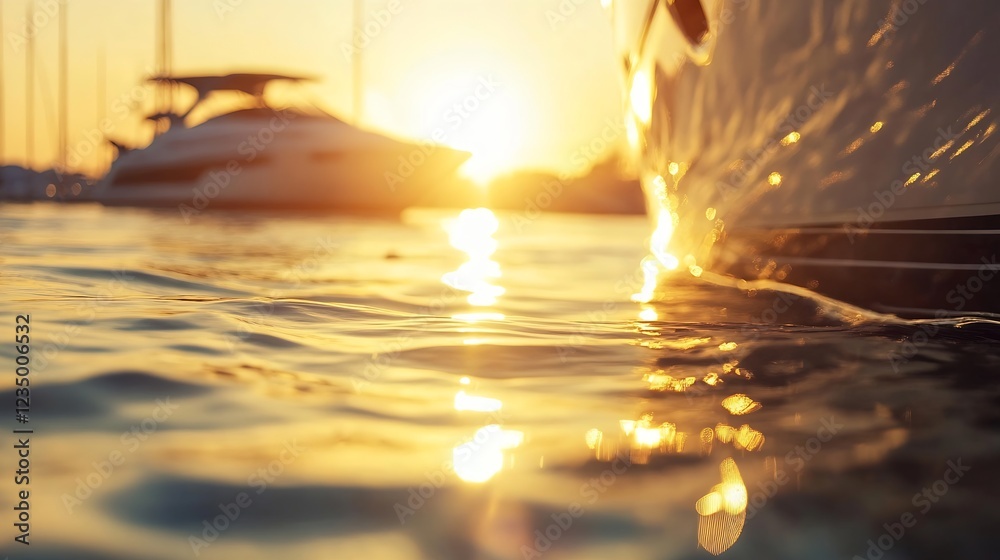 Poster Golden Sunset Reflection on Ocean Water with Yacht in Background Creating a Serene Maritime Atmosphere : Generative AI