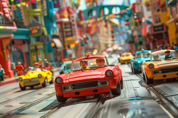 Obraz premium Colorful toy cars driving through a vibrant miniature city scene.