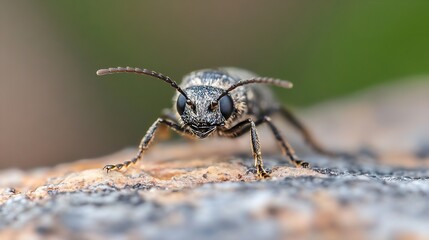 Fototapeta premium Macro Photography of Black Beetle on Stone with Rustic Texture Natural Environment : Generative AI
