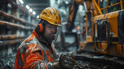 Construction worker in a hard hat, focused on work in a heavy machinery environment.