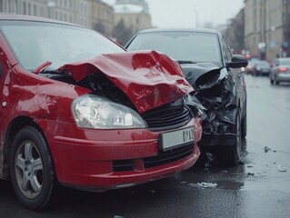 Two cars collided at an urban intersection on a rainy day. The red car has severe front-end damage, while the black car's side is crumpled.