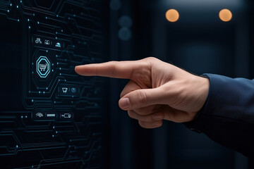 hand interacts with futuristic digital interface, selecting icon on high tech screen. interface displays various symbols, suggesting advanced technology and real time user interaction