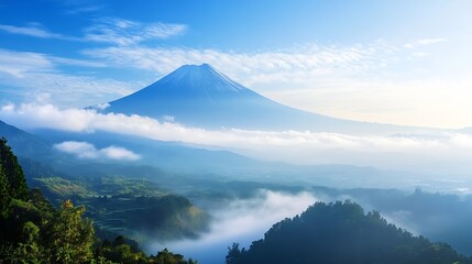 Fototapeta premium Majestic view of Mount Fuji surrounded by lush forests and blue sky : Generative AI