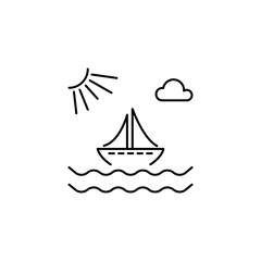 Outline icon Small Boat on Beach, pushed by waves on the beach.