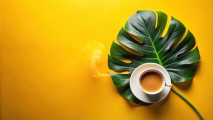 Fototapeta premium A cup of coffee with steam rising above it, resting on a large green leaf against a vibrant yellow background.
