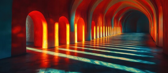Obraz premium Arched hallway, vibrant light, shadows, interior design