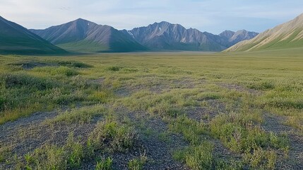 Naklejka premium Expansive grassy plain stretching towards majestic mountain range under a serene sky.