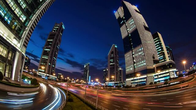 A stunning 4K ultra-HD stock video capturing the iconic skyline of the King Abdullah Financial District (KAFD) in Riyadh, Saudi Arabia, during the enchanting blue hour.