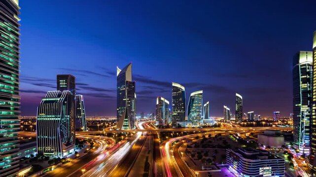A stunning 4K ultra-HD stock video capturing the iconic skyline of the King Abdullah Financial District (KAFD) in Riyadh, Saudi Arabia, during the enchanting blue hour.