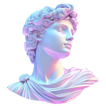  David sculpture bust. Head of statue Holographic colors, 3d.  Silver Chrome colors on a transparent  isolated  background, png 