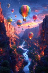 Fototapeta premium Hot Air Balloons Soar Over Canyon River Valley at Sunset