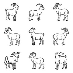 set of goat line art vector design, goat, sheep, ram, silhouette, animal, vector, horse, farm, animals, cow, dog, illustration, goat, icon, sheep, wild, collection, set, cat, deer, black, silhouettes
