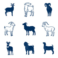 set of black and white goat vector design, goat, sheep, ram, silhouette, animal, vector, horse, farm, animals, cow, dog, illustration, goat, icon, sheep, wild, collection, set, cat, deer, black