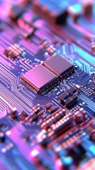 Obraz premium This is a vibrant, futuristic digital artwork of a tech circuit board, displaying intricate patterns and neon colors, emphasizing a high-tech electronic mood.